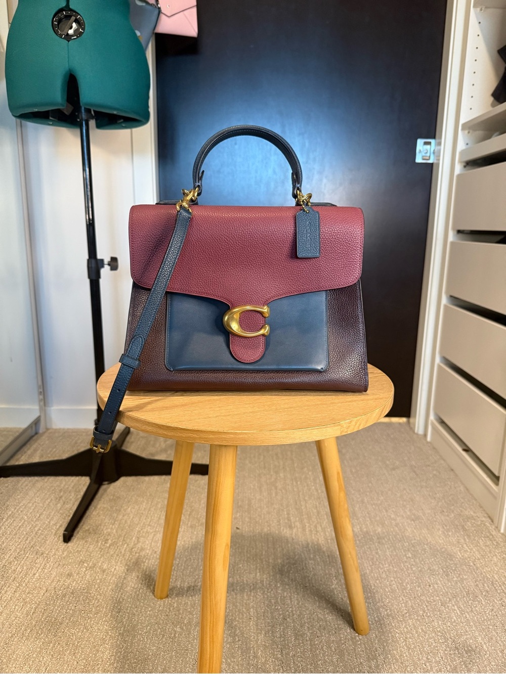Coach Burgundy and Navy Leather Top-Handle Satchel